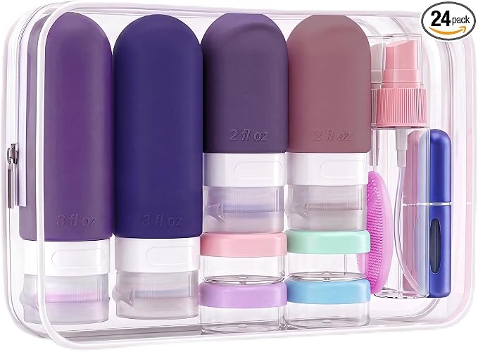 24 Pack Travel Bottles for Toiletries -TSA Approved, Leak Proof Silicone | Refillable Travel Size Containers Kits with Perfume Spray Bottle for Shampoo, Conditioner, Lotion, Cosmetic (Purple) by csjzzt