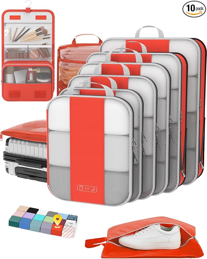 OlarHike 10 Set Compression Packing Cubes for Travel Essentials,Compressible Expandable Space Saver Bags for Organizing Clothes,Luggage Suitcase Garment Bags with Over 1000 pcs Mesh Holes(Orange) by OlarHike