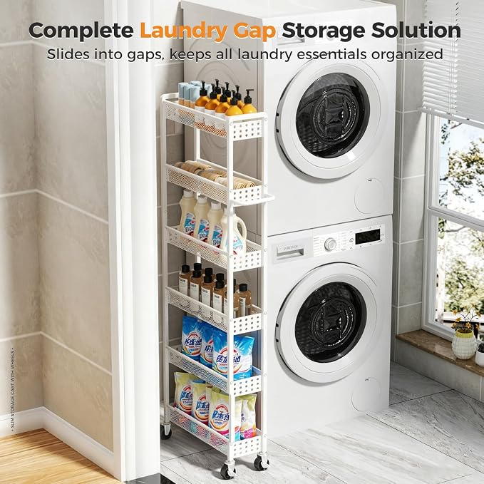 6 Tier Slim Storage Cart with Wheels, 6" D Rolling Storage Cart for Small Space, Metal Narrow Spice Cabinet Mobile Shelving Unit Organizer with Handle for Kitchen, Laundry - White - Image 7