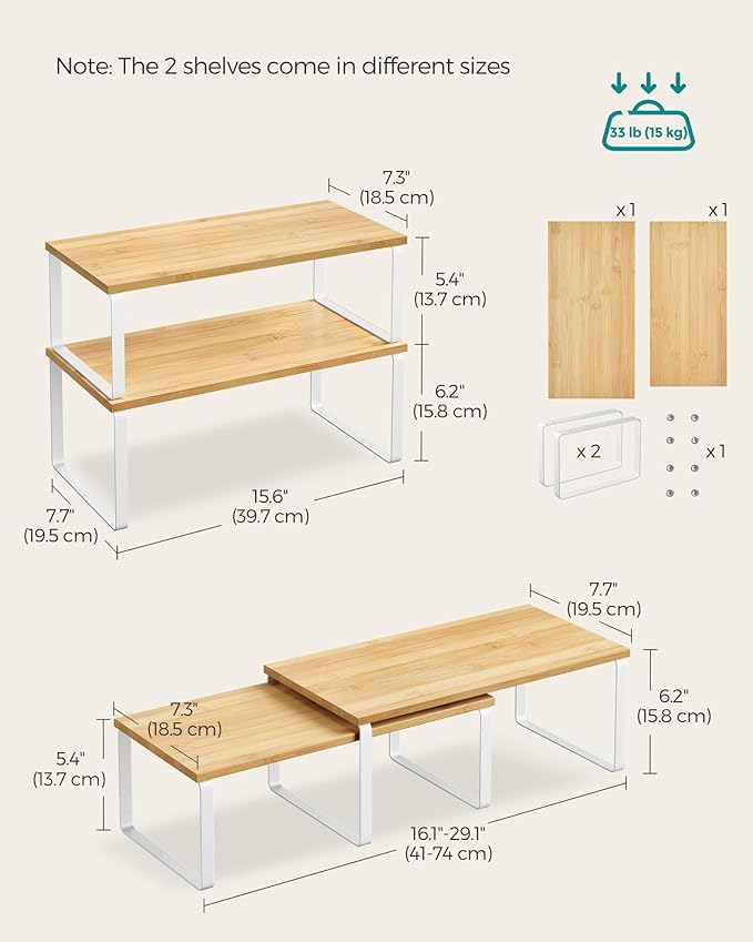 SONGMICS Cabinet Organizer Shelf, Set of 2 Spice Rack, Kitchen Storage | Kitchen Counter Storage Spice Rack, Steel, Bamboo, Light Bamboo and Matte White, BYSTRO Collection UKCS200W01 - Image 6