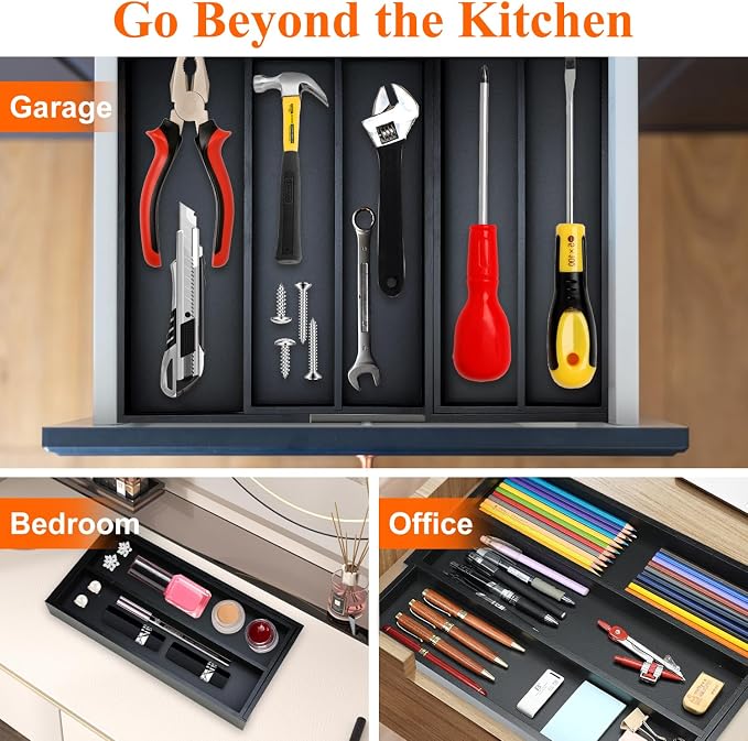 Expandable Black Bamboo Kitchen Utensils Drawer Organizer Silverware Tray | Large Cooking Utensil Tray Drawer Divider Insert Big Spatula Cutlery Holder Knife Spoon Flatware Wood Kitchen Tool Organizer - Image 6