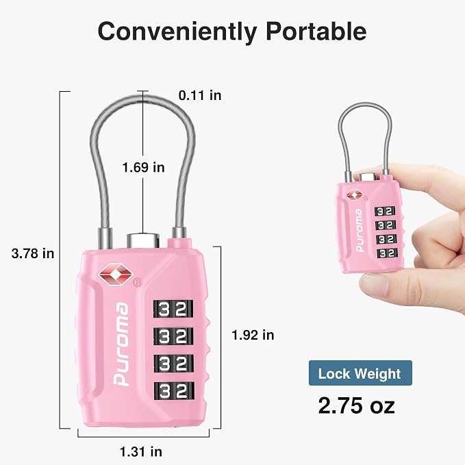 Puroma 2 Pack TSA Approved Luggage Locks 4 Digit Code Cable Lock Basic Pink | Resettable, Flexible Cable, Zipper holes, Zinc Alloy, Bright Color, Large White Numbers, Suitcase Train Travel, laptop bag - Image 3