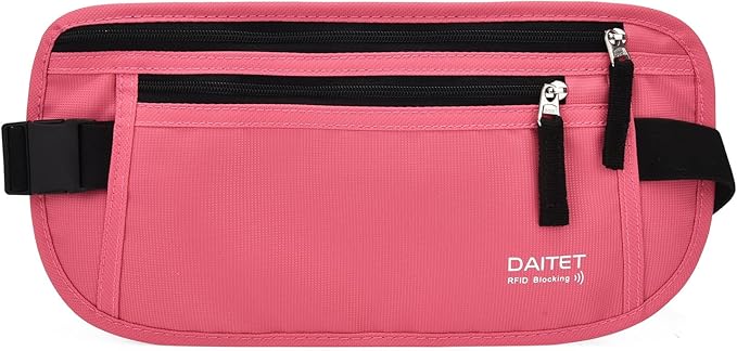 RFID Blocking Money Belt for Men Women, Slim Fanny Pack for Travel，Running,Conceal Waist Wallet for Passport Holder,Phone,Cash(Hot Pink) by DAITET