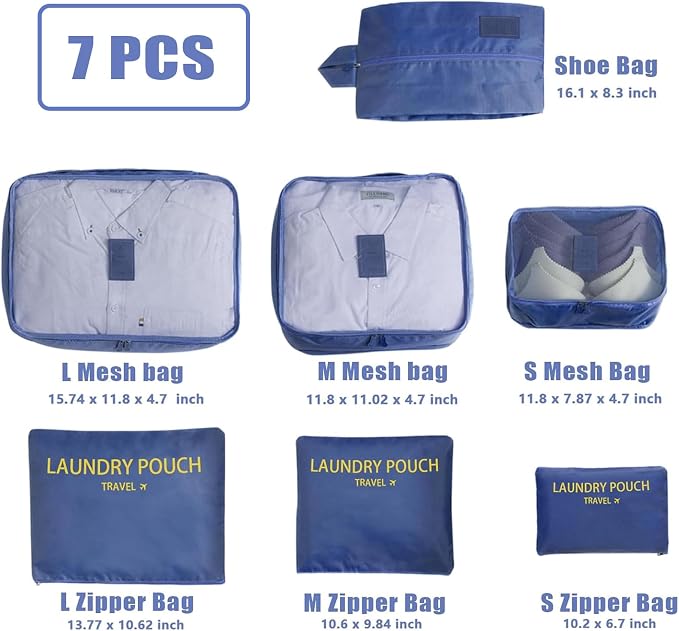 INVODA 7 piece Multi-size Packing Cubes for Travel Suitcase Organizer Bags Lightweight Travel Bags (Navy Blue) - Image 3