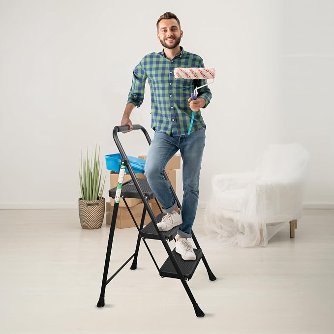 Arbusb Step Ladder, Folding Step Stool with Wide Anti-Slip Pedals, Sturdy Steel Ladder with Handrail, Space-Saving, Portable for Home & Adults, 3 Step Black - Image 8