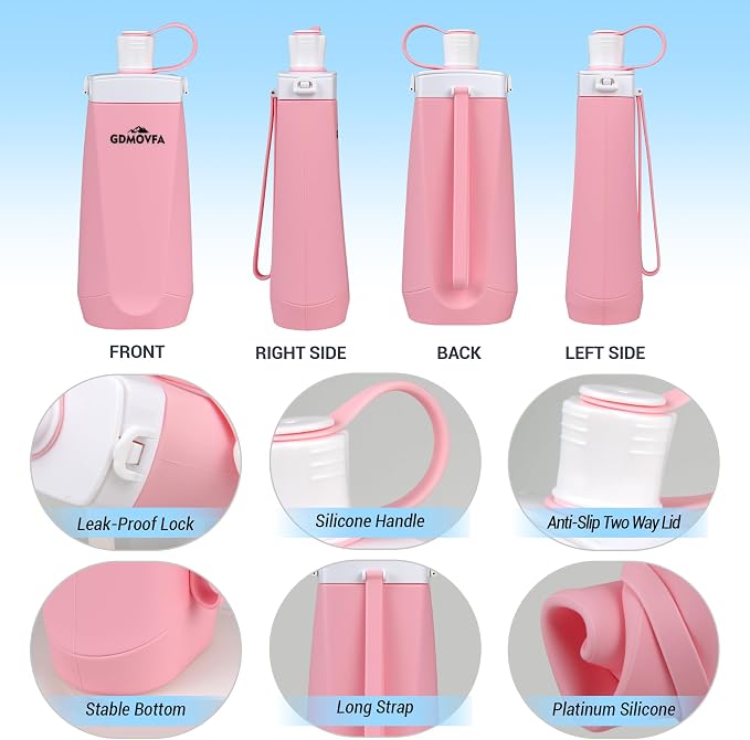 Collapsible Water Bottles,20oz Reusable Silicone Foldable Water Bottle,Portable Leak-proof Collapsible Water Bottle for Traveling Camping Hiking Cycling Yoga Sports Outdoor (Pink) - Image 3