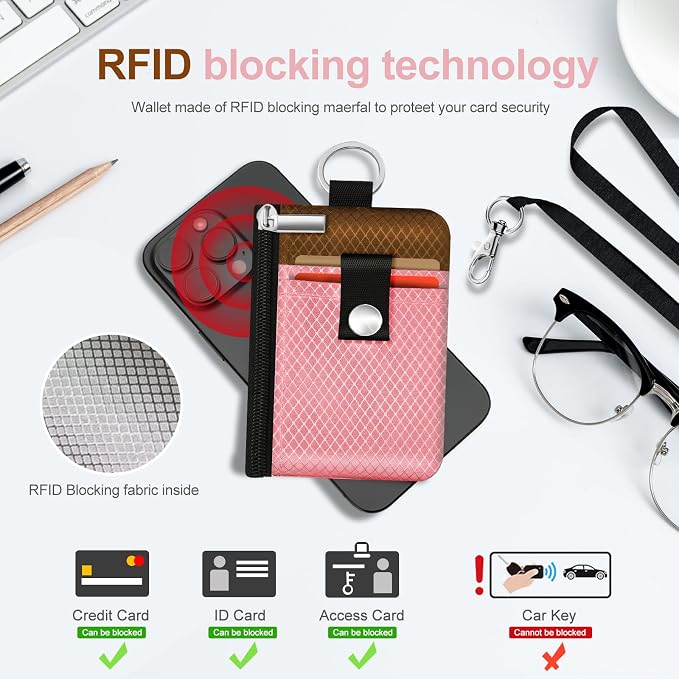 Minimalist RFID Blocking Small Wallet with ID Window,WaterResistant Zip Id Case Wallet with Lanyard Keychain for Cards,Cash,Travel,Women,Men (Pink/Brown) - Image 4