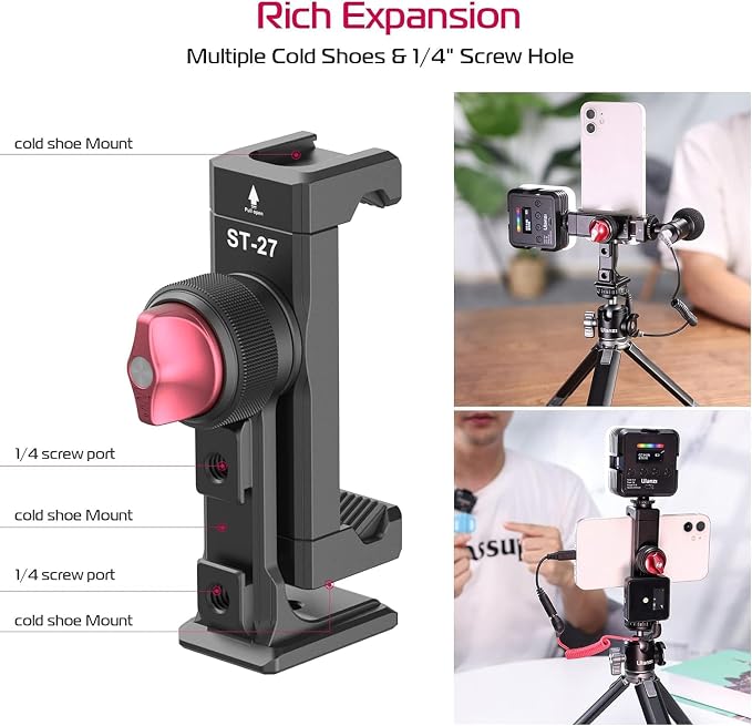 ULANZI ST-27 Metal Phone Tripod Mount, 360° Phone Holder for Tripod w 3 Cold Shoes & Arca Port, Versatile Smartphone Adapter for iPhone 17 16 15, Desktop Tripods, and Live Streaming/Vlogging Setup - Image 3