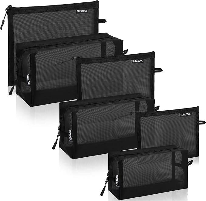 Set of 6 Travel Mesh Makeup Bag, Cosmetic Organizer Pouches with Zipper, Diaper Organizing Pouches, Nylon Toiletries Bag for Women and Men(6pcs, Black) by SUPACOOL