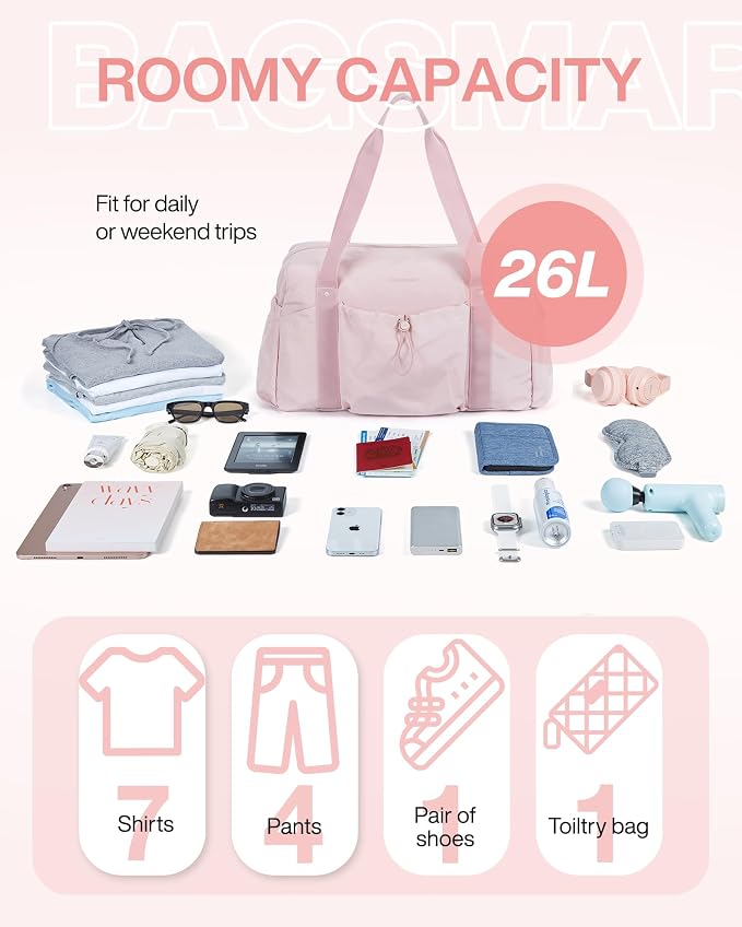 BAGSMART Foldable Travel Duffle Bag for Women, Gym Tote for Sports, Pink | 26L Airport Carry On Weekender Overnight Bag for Travel, Travel Accessories - Image 3