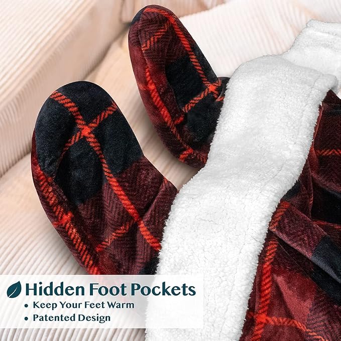 PAVILIA Sherpa Blanket with Sleeves, Foot Pocket for Women Men Adults, Thick Wearable Blanket Throw Wrap, Fleece Warm Snuggle Blanket Robe, Cozy Gift Ideas Wife Mom, Plaid Red - Image 2