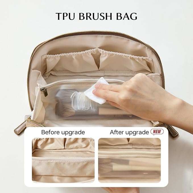 EACHY Travel Makeup Bag for Women, Faux Suede Cosmetic Bag, Khaki, Medium | Faux suede organizer with flat-open access, clear TPU brush pocket and carry handle for daily makeup, toiletries and travel - Image 3