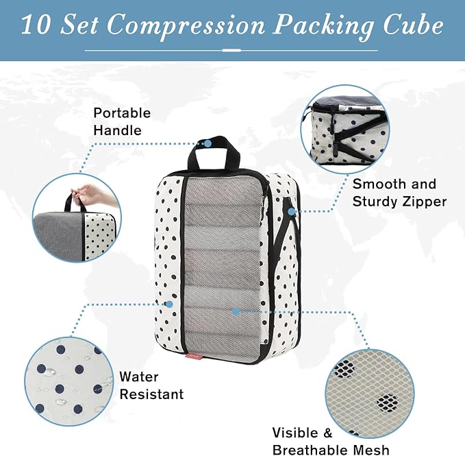 U+U 10 Set Compression Packing Cubes, Travel Organizers (Polka Dot) | Space-Saving & Complete Travel Set - Image 4