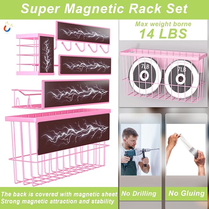 Magnetic Spice Rack for Refrigerator, 7 Pack Magnetic Fridge Shelf for Kitchen Organization Storage, Moveable Spice Organizer W/Paper Towel Holder, Utensil Caddy, Cutting Board Rack (Pink) - Image 3
