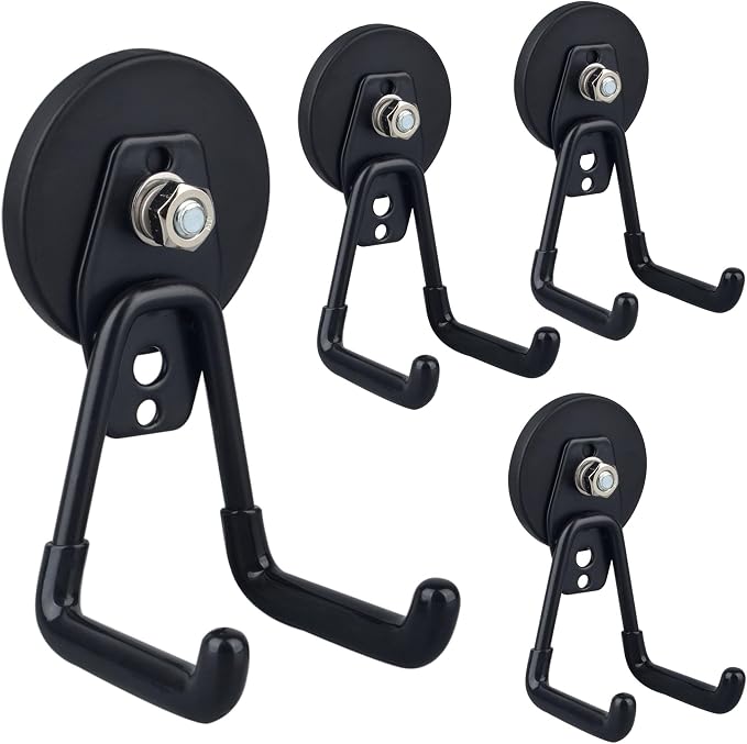 ULIBERMAGNET Heavy Duty Magnetic Garage Hooks,4 Pack Strong Large Magnet Hook for Power Drill,Garden Tools,Hose,Pegboard,Garage, Workshop,Magnetic Storage Hooks for Indoor Outdoor Hanging(Black) by ULIBERMAGNET