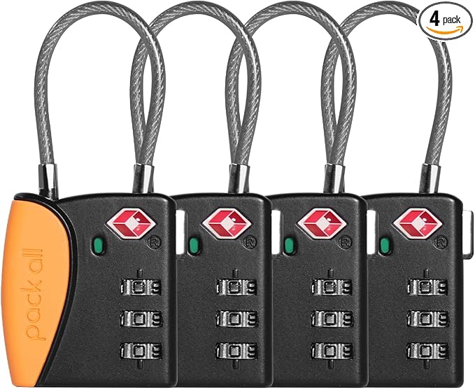 pack all TSA Approved Travel Luggage Locks, Resettable 3-Digit Code | Open Alert Indicator, Flexible Steel Cable, Zinc Alloy Body, Clear Number Dials, For Suitcase, Toolbox, Backpack, 4 Pack by packall