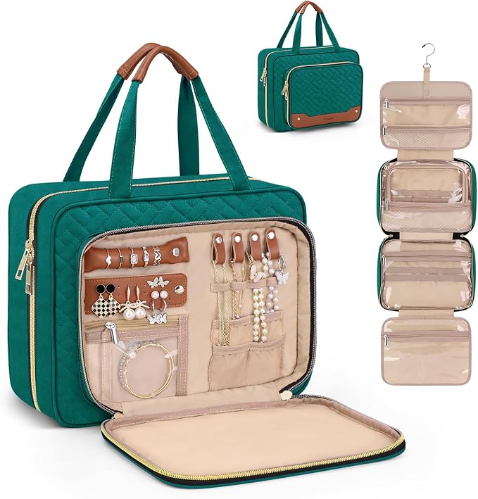 Toiletry Bag for Women, Hanging Travel Toiletry Bag with Jewelry Organizer Compartment Large Makeup Bag, PVC Waterproof Cosmetic Travel Bag Trips Camping Bathroom, Green+Brown by Wedama