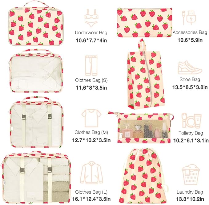 8 Set Packing Cubes for Suitcases,Packing Cube with Shoe, Cosmetics, Clothing, and Accessories Bags Packing Cubes for Travel Luggage Organizer Women Men(8 Set Strawberry) - Image 2