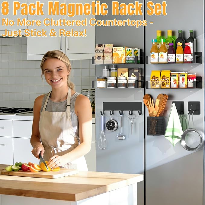 DTUQYX Magnetic Spice Rack for Refrigerator, 8 Pack Clear Acrylic Front Metal Magnetic Shelves with Magnet Hooks Rack, Utensil Caddy & Adjustable Paper Towel Holder, No Drill Kitchen Storage Organizer - Image 6