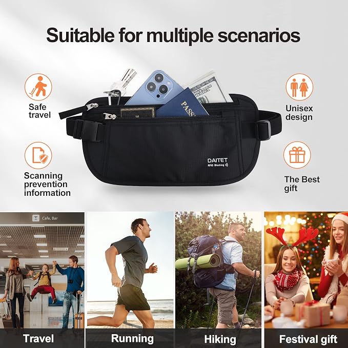 Money Belt - Passport Holder Secure Hidden Travel Wallet with RFID Blocking, Undercover Fanny Pack (Black) - Image 5