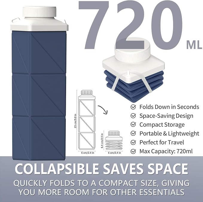 Collapsible Water Bottles, 24 oz (720 ml), Portable Travel Water Bottle | Leakproof & Reusable, Lightweight Foldable Water Bottle for Traveling, Hiking, Gym, Sports & Outdoor, 2 Pack (Darkblue+Green) - Image 2