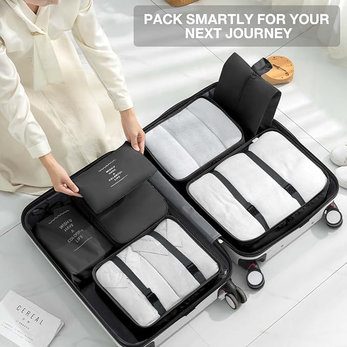 8 Pcs Bag Organizer Set – 8 Pcs Packing Cubes, Travel Cubes, Shoe Bag, Toiletry Pouches, Clothes Organizers, Waterproof Luggage & Travel Bags – Suitcase Organizer & Organizers for Travel Essentials - Image 3