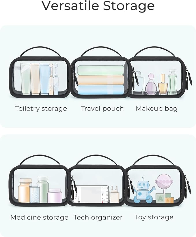 BAGSMART Double Layer Clear Makeup Bag, TSA-Approved Toiletry Bag, Large Opening with Handle, Cute Water-Resistant Travel Cosmetic Bag with Double Zipper for Car Essentials(Black) - Image 4