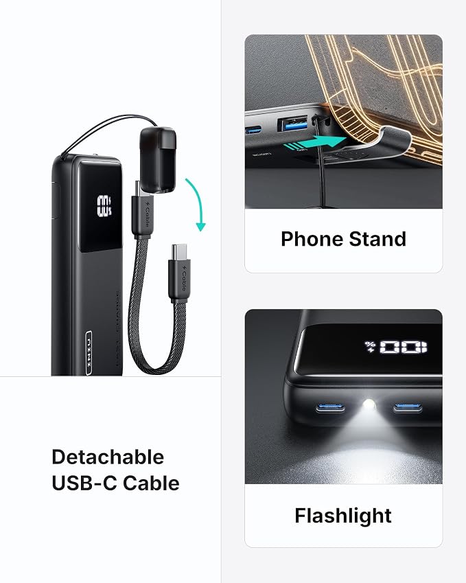 INIU Power Bank, Compact 10000mAh 45W PD Fast Charging Portable Charger | Detachable USB-C Cable, Stand, Flight-Safe, Travel, Flashlight, Battery Pack for iPhone 17 16, Samsung S26, iPad etc, Blue - Image 4
