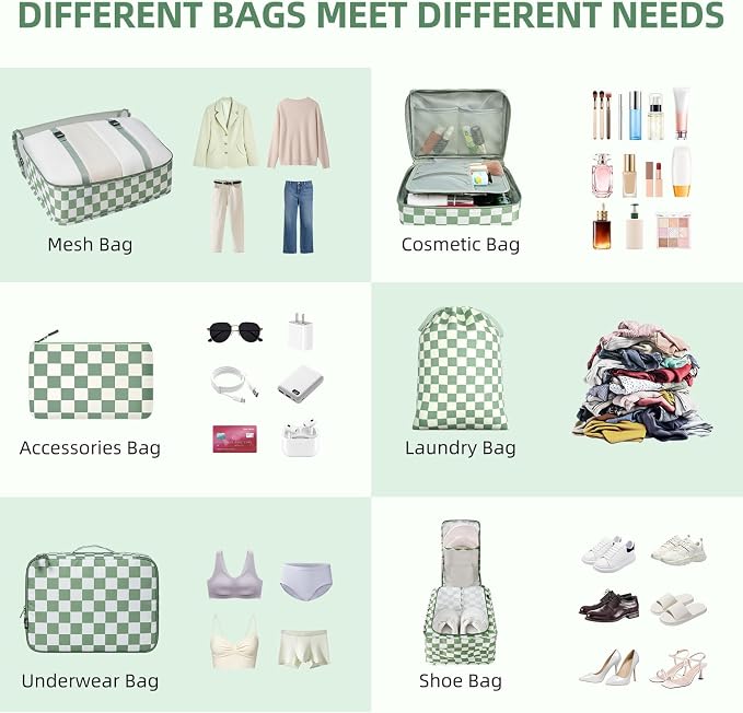 BAGAIL 8 Set Packing Cubes Luggage Packing Organizers for Travel Accessories-Matcha checkered - Image 3