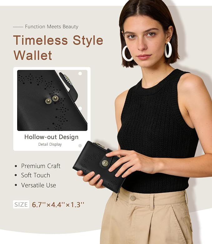 Black Wallet Women RFID Bifold, Passport Holder Credit Card Holder | 6.7" x 4.4" x 1.3" Travel billfold, Zipper Coin Pocket, PU Leather Clutch, Purse, ID Window, Pen Holder, Gift for Ladies Girl - Image 2