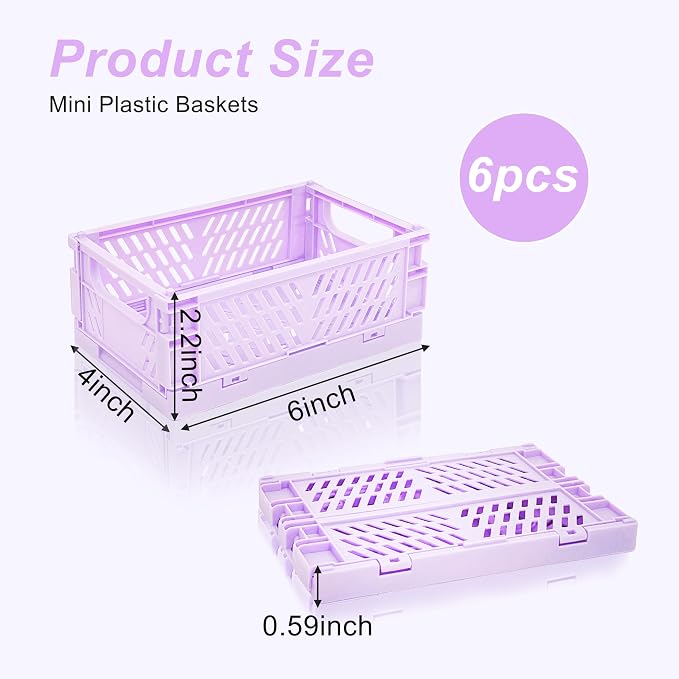 6 Pack Mini Foldable Small Plastic Baskets for Organizing and Storage，Collapsible Storage Crates,Mini Bins for Home Kitchen Bedroom Bathroom Office (Purple, Small 6x4x2.2) - Image 2