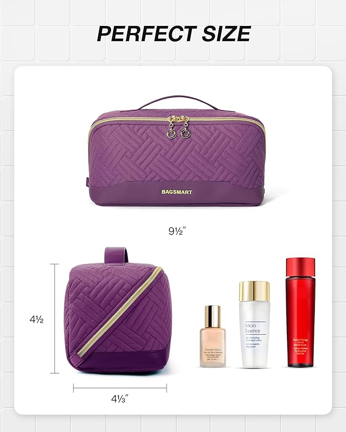 BAGSMART Makeup Bag Cosmetic Bag, Travel Makeup Bag,Water-resistent Makeup Bags for Women Portable Pouch Open Flat Make Up Organizer Bag for Toiletries, Brushes, Purple - Image 5