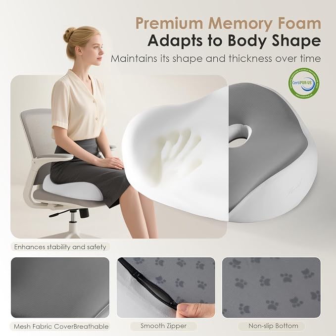 Car Seat Cushion for Driving, Memory Foam Seat Cushion for Car Office Chair, Ergonomic Office Seat Chair Cushion for Sciatica Pain Relief, Larger Car Seat Cushion for Trunk - Gray - Image 5