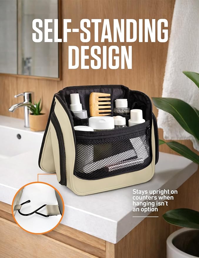 VENTURE 4TH Hanging Travel Toiletry Bag, 18 Compartments - Beige | Hangs on rails, hooks or doors; stands upright. Removable TSA pouch. Water-resistant Nylon 290D Twill, reinforced stitching. - Image 5