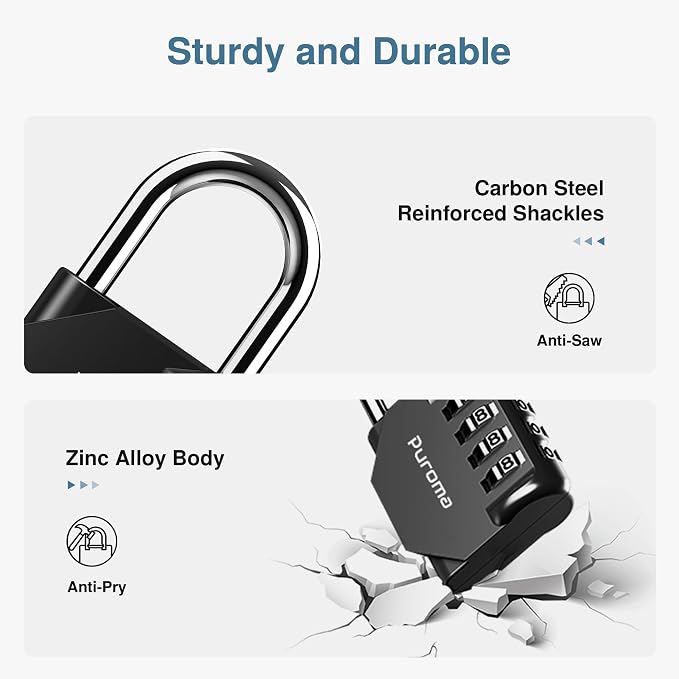 Puroma 1 Pack Combination Lock Locker 4 Digits Combo Padlock Gym Black | For School Gate Fence Toolbox Hasp Storage, Outdoor, Resettable, Weatherproof, Side Window, Crack Cut Resist, Hardened Steel - Image 4