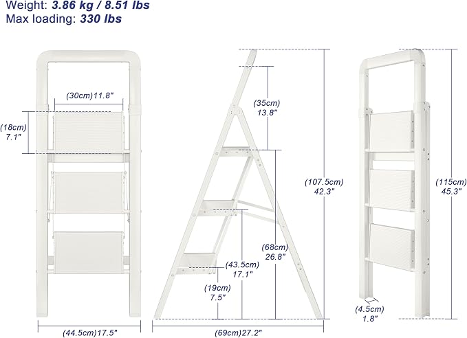 Step Ladder 3-Step White Finish Aluminum Folding Ladders | Anti-slip Sturdy Foldable Ladder Step Stool for Kitchen Home Office Libaray - Image 2