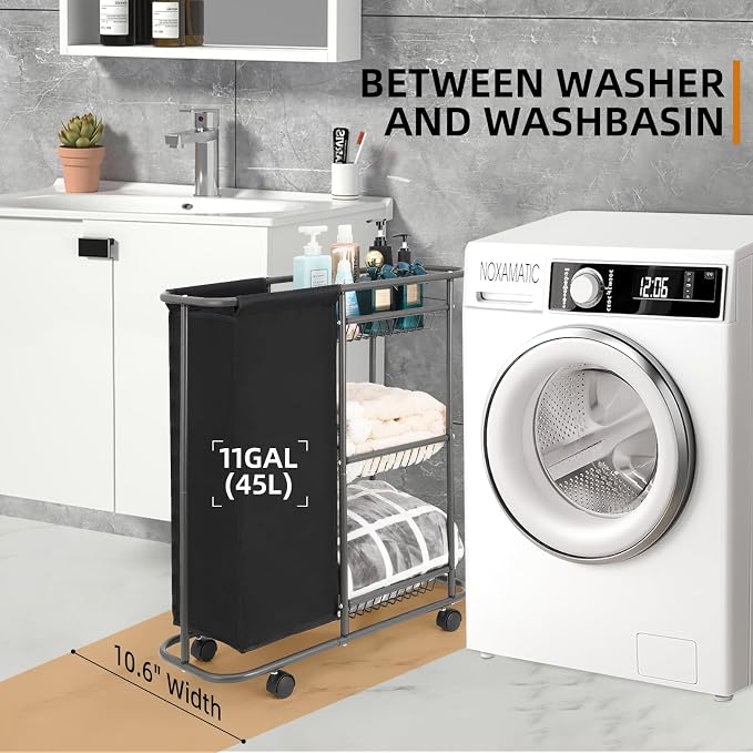 3-Tier Rolling Laundry Cart with Wheels and 45L Bag, Black | Between Washer and Dryer, Heavy Duty, For Narrow Space Laundry Room Bathroom Bedroom - Image 3