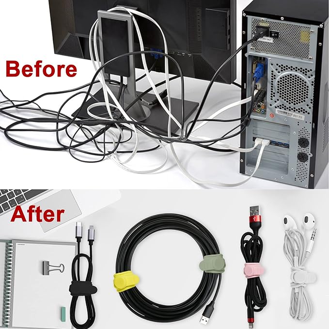 100Pcs Silicone Cable Ties, Cord Organizer Cable Management-Multi | Reusable Cord Ties for Electronics, Office Desk Accessories, Home Travel Essentials, Easy to Use, 4.2 Inch-5 Colors - Image 4