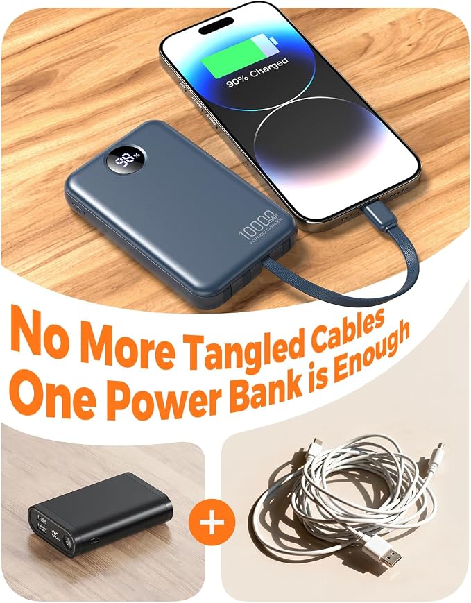 Portable Charger 10000mAh with 4 Built-in Cables 40% Smaller | Power Bank Fast Charging Battery Pack,LED Display Compact with Travel Charger for iPhone Other Devices-Navy - Image 2