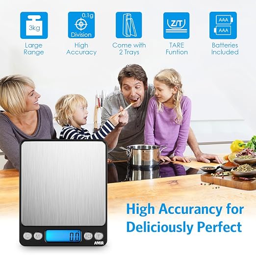 AMIR Digital Kitchen Scale, 3000g 0.01oz/0.1g Pocket Cooking Scale, Mini Food Scale, Pro Electronic Jewelry Scale with Back-Lit LCD Display, Tare & PCS Functions, Stainless Steel, Black - Image 2