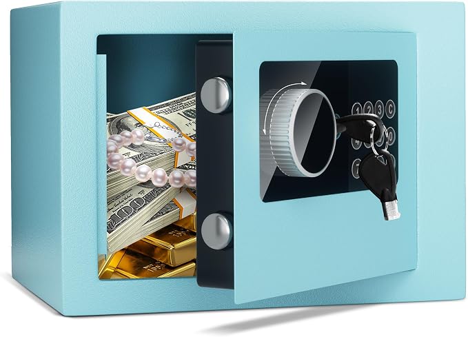 Digital Electronic Money Safe, Steel Security Lock Box with Keypad, Office Hotel Business Jewelry Gun Cash Safe, 0.23 Cubic Feet, 9.06" W x 6.69" D x 6.69" H（blue） by CDC+DIGI