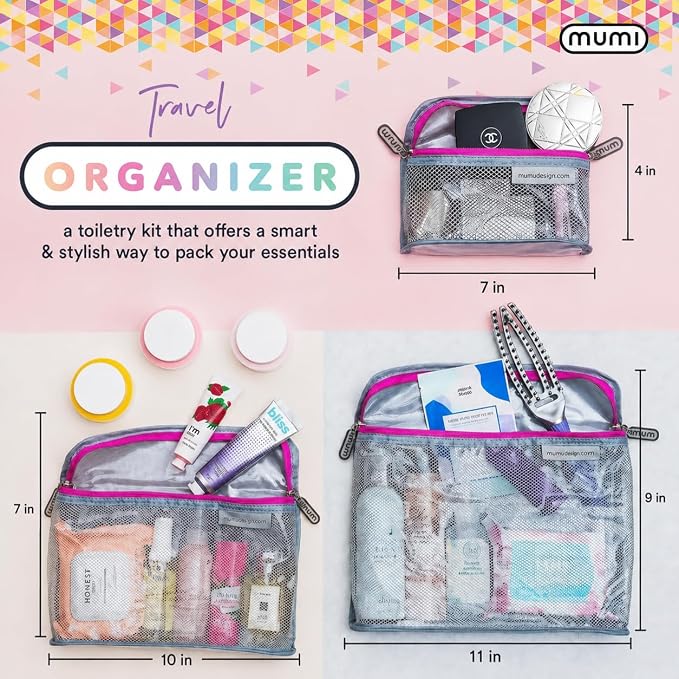 MUMI Travel Toiletry Bag Set of 3 - Clear TSA Approved, Gray | Water-resistant makeup organizer pouches for skincare, cosmetics & travel accessories - Image 2