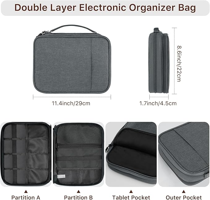 Dadanism Electronics Travel Organizer Case, Double Layers Cord Organizer | Travel All-in-One Storage Bag for Cable, Cord, iPad, Chargers, fits 9-11'' Tablets, Portable Tech Accessories Bag, Space Gray - Image 2