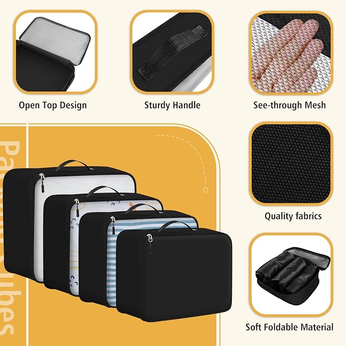 8 Set Packing Cubes for Travel Essentials, Organizers for Suitcase and Luggage in 4 Sizes, Luggage Organizer with Toiletries/Laundry/Shoes/Sock Bags (Black) - Image 3