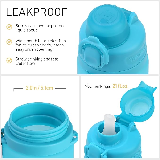 TakeToday Collapsible Water Bottles 21oz (600mL), Foldable Platinum Silicone Travel Water Bottle with Straw & Carry Strap, Leak-Resistant Screw Lid, Wide Mouth, BPA-Free for Hiking, Camping, Travel - Image 7