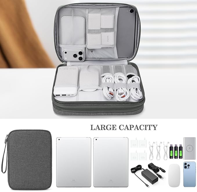FYY Electronic Organizer, Travel Tech Pouch Bag, Extra Large, Dark Grey | Wrist Strap, Waterproof, Double Layers Electronics Travel Case for iPad, Cord, Laptop Charger, Daily and Business Trips Use - Image 6