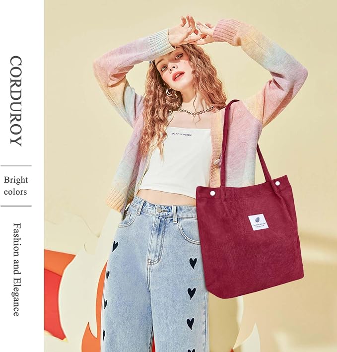 LHMTQVK Corduroy Tote Bags for Women, Large Capacity Tote Purse Reusable Grocery Shoulder Bag with Inner Pockets - Image 5