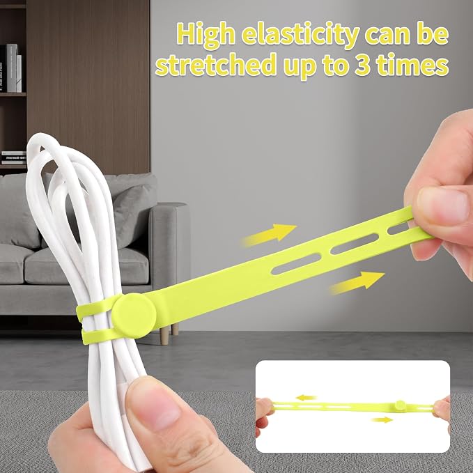 Oligei 25 Pcs Silicone Cable Ties, Cable Ties Reusable, High Elasticity Cord Wraps for Electrical Cords, Cord Organizer for Earphone, Phone Charger(Yellow) - Image 3