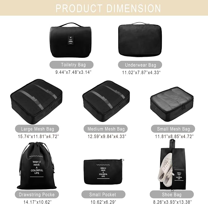 Packing Cubes, 8 Pcs Travel Packing Organizers for Suitcases, Large Capacity Travel Luggage Organizers Set includes 8 Storage Bags, Travel Essentials for Women or Men (Black) - Image 2