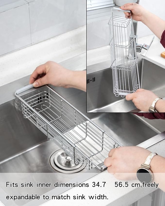 Expandable Kitchen Sink Caddy, 304 Stainless Steel Over the Sink Sponge Holder, Adjustable Drain Rack Organizer for Sponges, Brushes, Dish Soap, Rustproof & Quick-Dry - Image 5